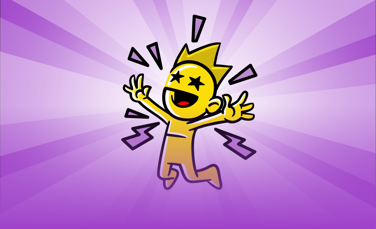 Cheerful yellow cartoon character jumping on a purple burst background