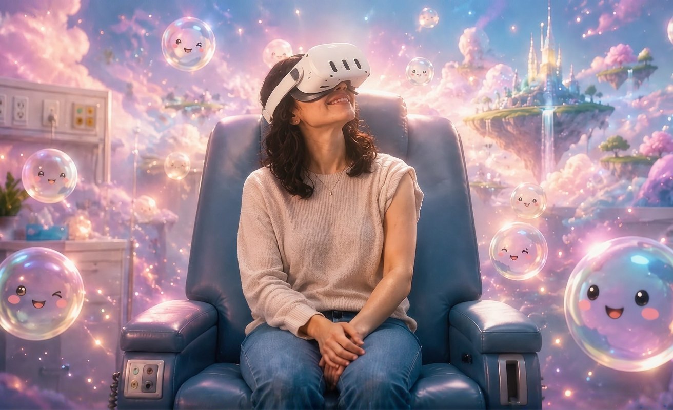 Patient wearing a VR headset in a treatment chair, surrounded by a dreamlike world